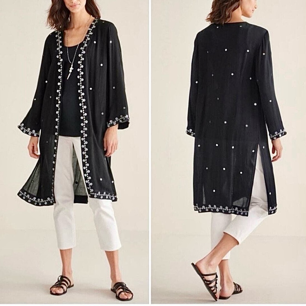 Soft Surroundings Breezeway Embroidered Beaded Kimono Cardigan Large Black Sheer